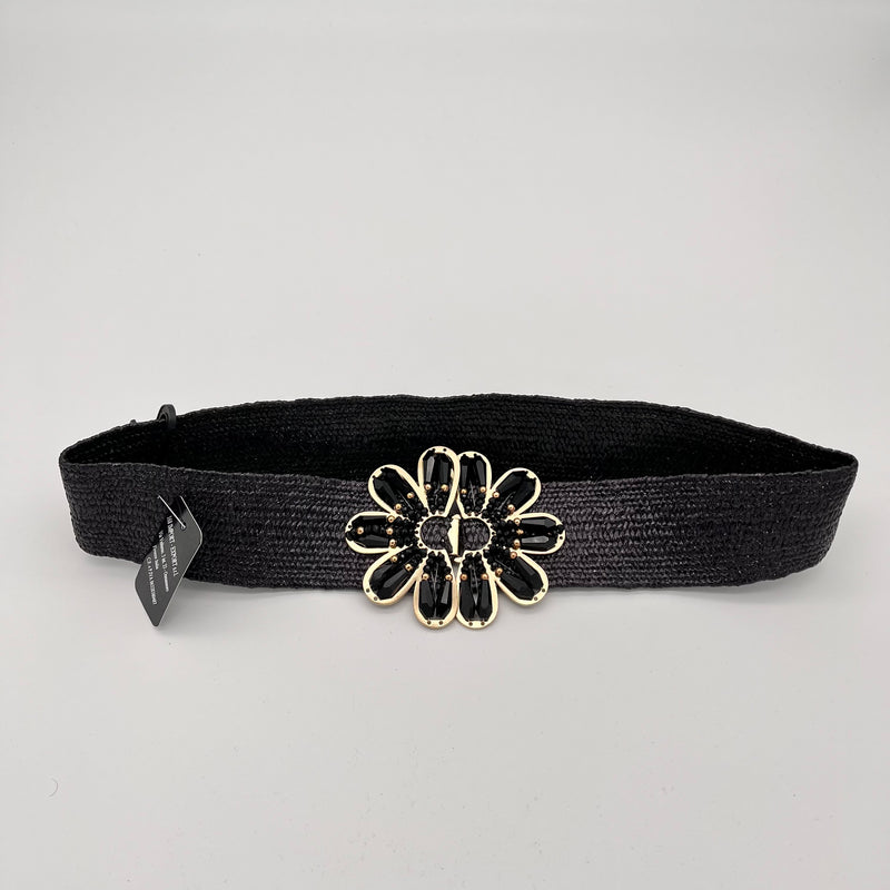 Elastischer Gürtel mit Blumenverschluss in Schwarz und Gold